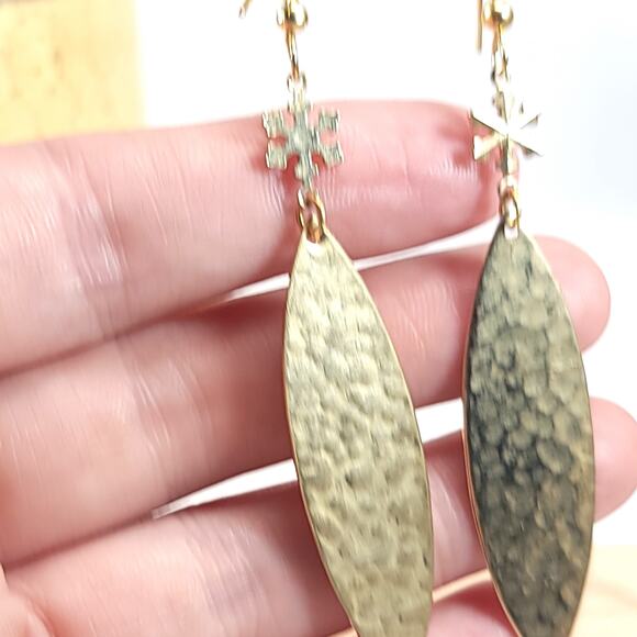 Gold Hammered Dangle Earrings with Snowflake Charm, Boho Chic Jewelry Design - Picture 8 of 10